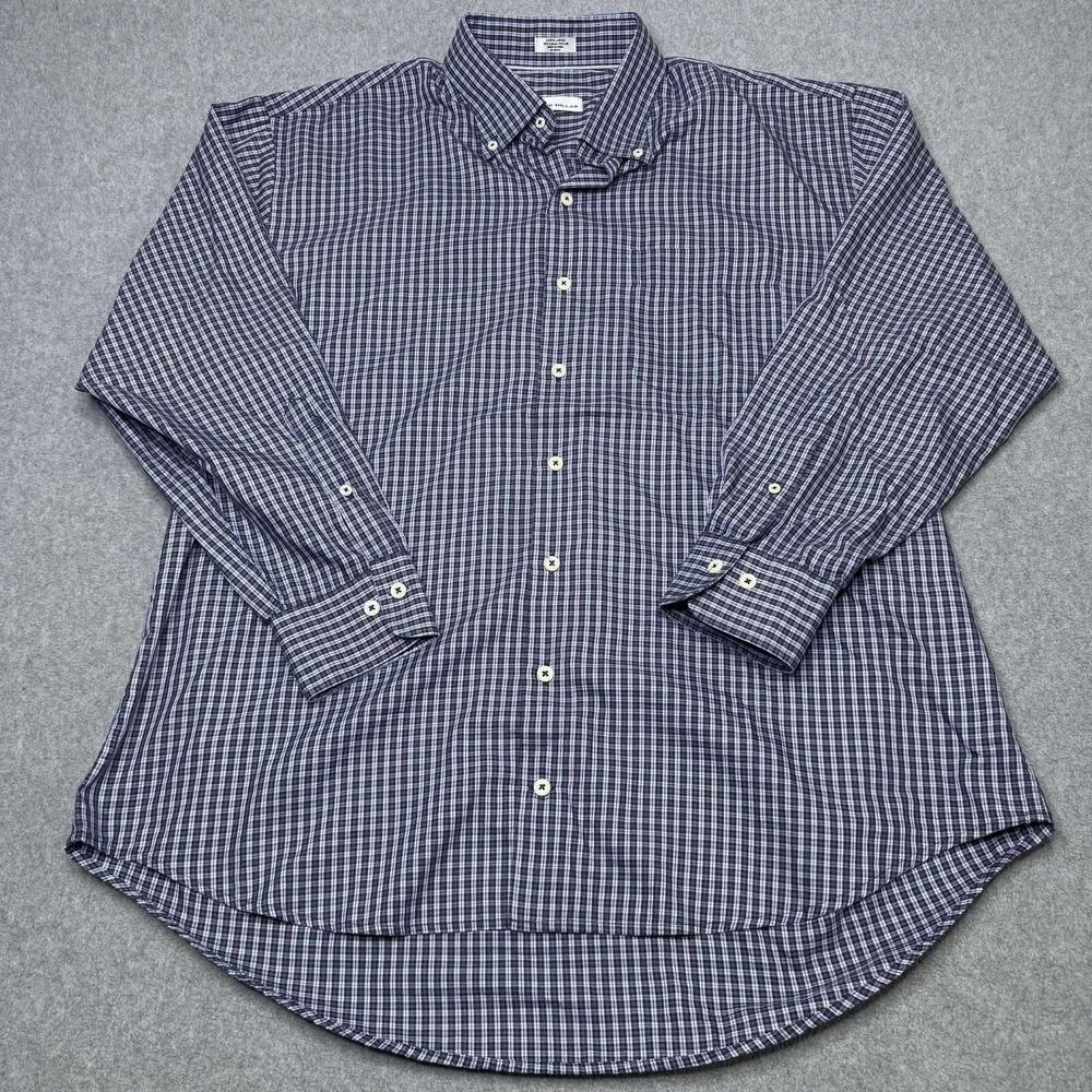 Peter Millar Shirt Mens XL Blue Plaid Button Down Silk‎ Cotton Blend Sport Woven